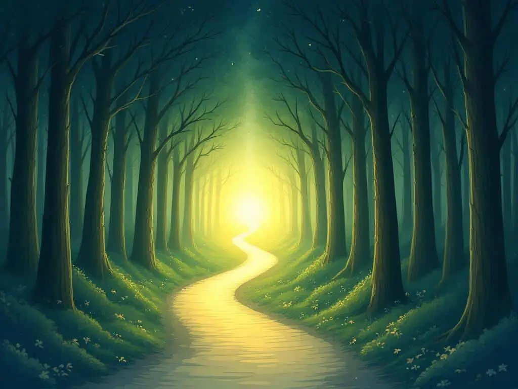 Chemin lumineux dans la forêt — accompagnement hypnose deuil et séparation Velanne Isère